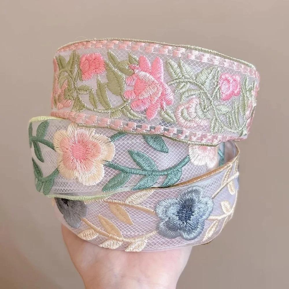 Wide Edge Embroidered Flower Headband Elegant Chiffon Hairband Women Fashion Hair Accessories