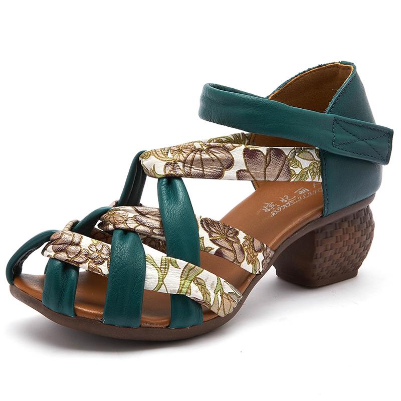 Fashion GKTINOO Women Summer Shoes Mid Heel Hollow Out Casual Sandals Retro Ladies Pumps Genuine Leather Buckle Straps Female Sandals