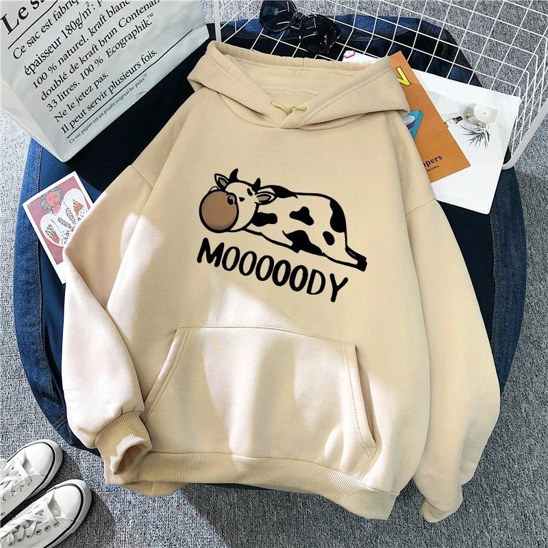 Lustiger Kuh- und Buchstaben-Print Kordelzug Damen Hoodie Lässiges Langarm Kängurutasche Sweatshirt Pullover Damen
