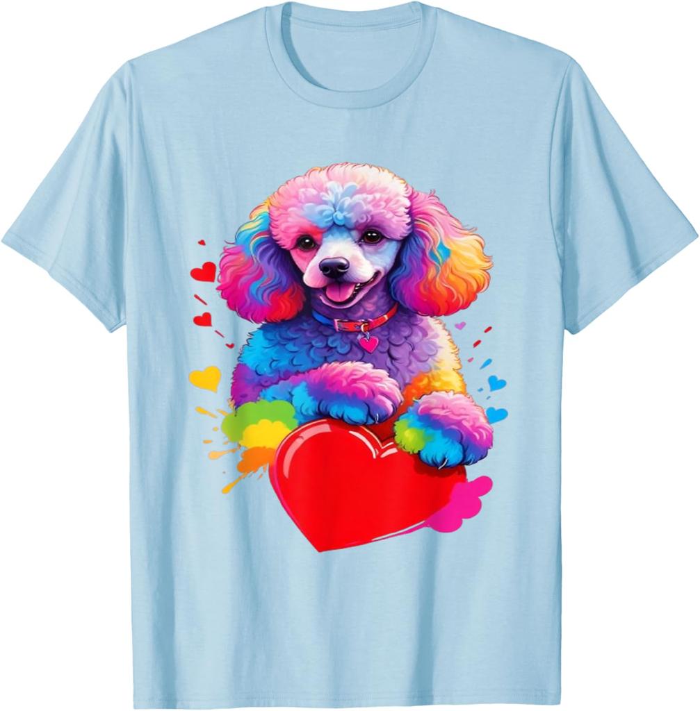Colorful Rainbow Poodle Heart Graphic Tee Men Casual Short Sleeve Cotton Print T-Shirt