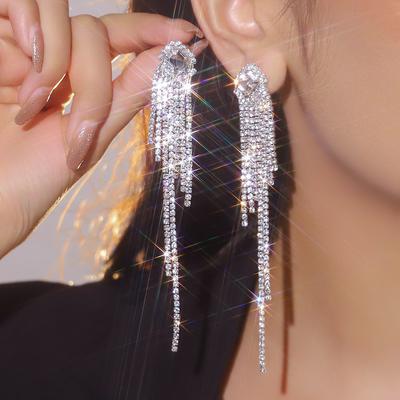 High-Grade Luxury Super-Flash Crystal Long Tassel Earrings Fashion Versatile Earrings Party Earrings Women's Earrings 1 Pair