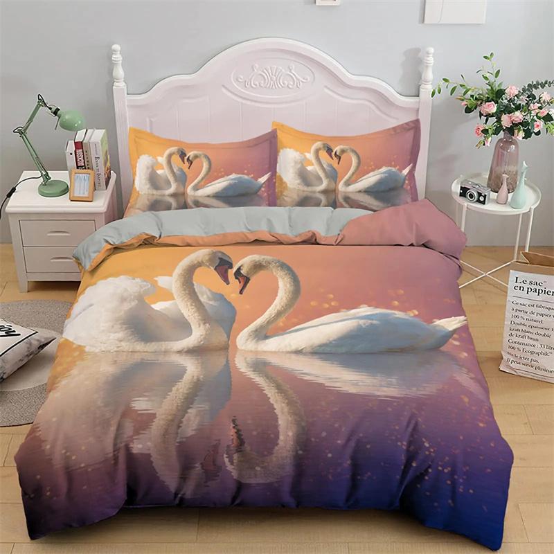 Husa de plapumă cu trandafir roșu și lebădă neagră și albă Cuvertură romantică cu flori Paturi cu animale sălbatice pentru decor cameră de zi Femeie Doamnă Nuntă