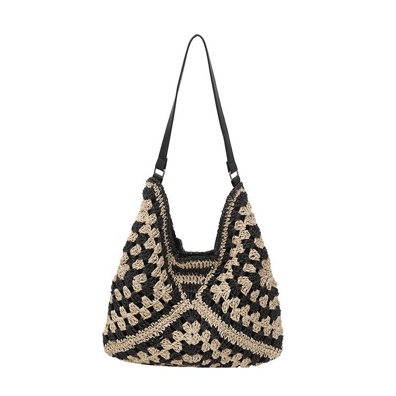 

25 Spring new personalized beach vacation woven contrasting plaid women s tote bag women s shoulder handbag