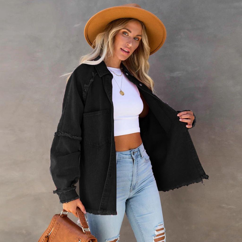 Long Sleeve Denim Jacket Women Washed Raw Edge Mid-Length Loose Jacket