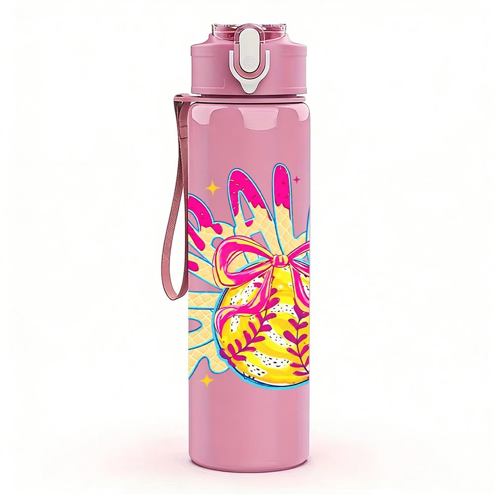 1PC Colorful Softball Bow Graffiti Art 750ml Color Plastic Water Bottle Leakproof Flip Straw Lid For Sports Office Home Use