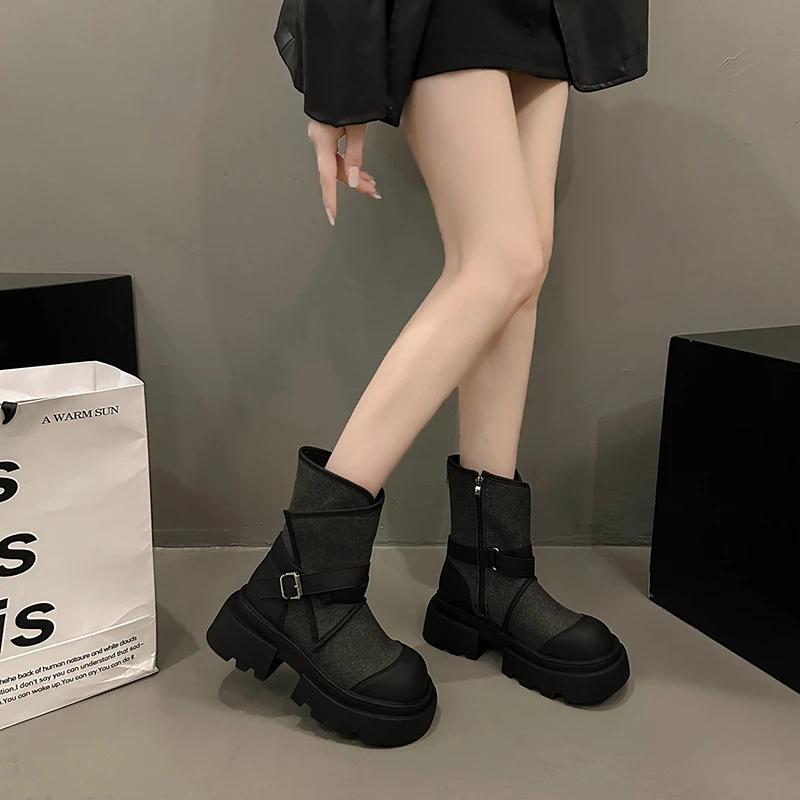 Fashion High-end design sense fashion niche denim skinny boots women 2024 new mid-tube round head thick sole casual ankle boots