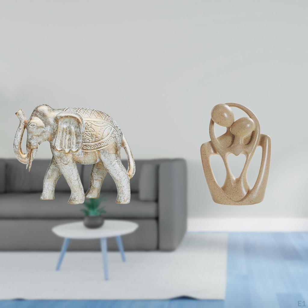Handgeschnitzte Holz Elefant und Abstraktes Paar Skulptur Figur Kreative Harz Statue für