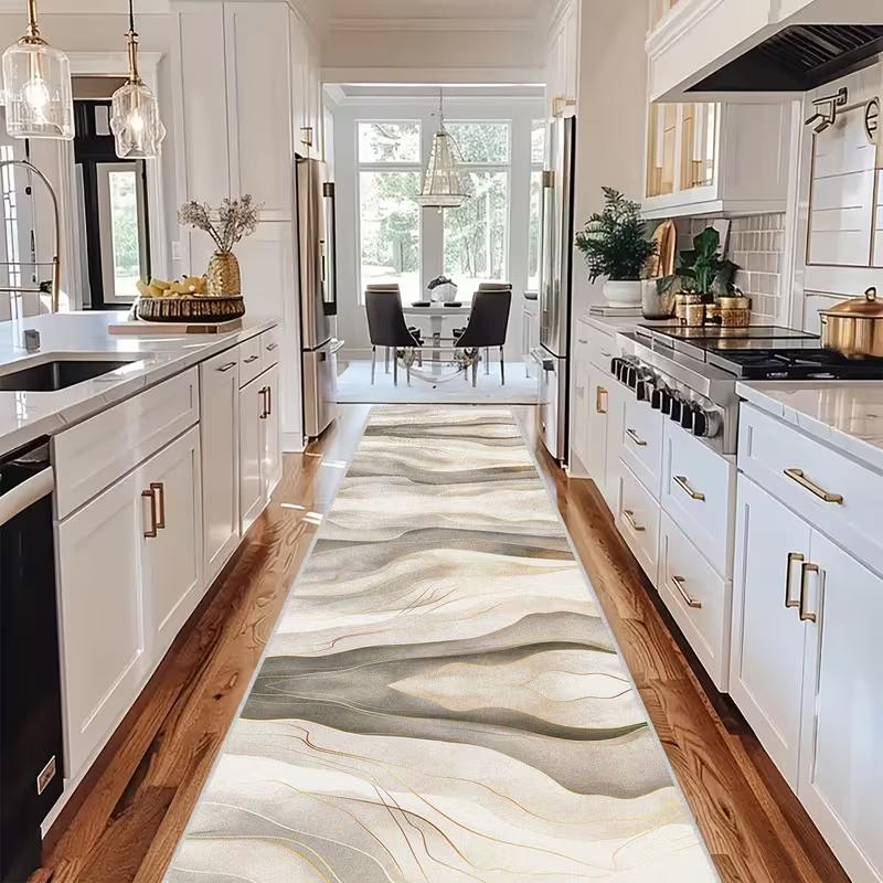 Minimalist Line Inlaid Runner Carpet, Soft Grey Abstract Motif with Wood Trim Rug, Modern Floor Mat for Bright Hallway Decor