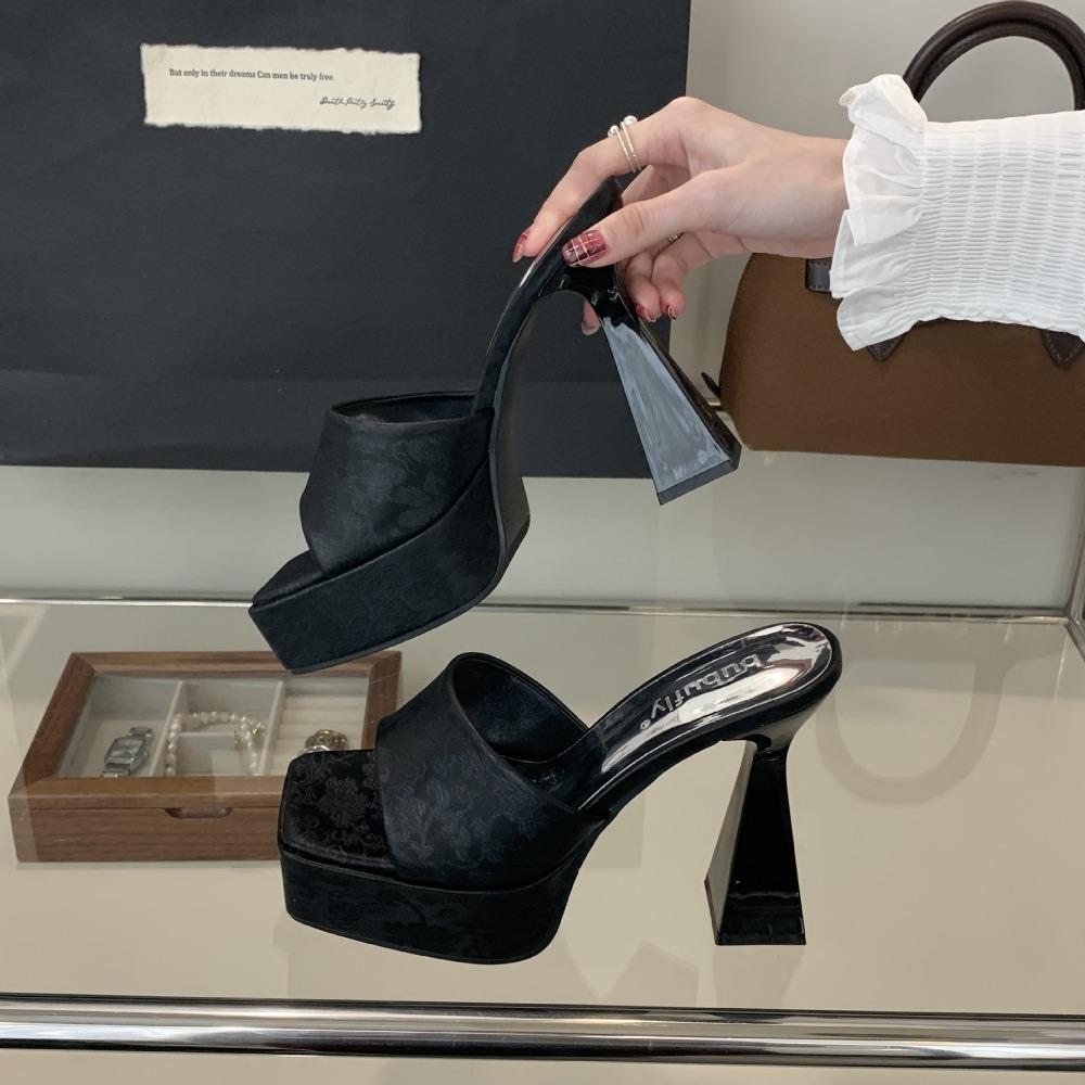 Fashion Blue Slippers Heeled Sandals Black Platform High Heels Summer Shoes Women Ladies Chunky Slippers Fashion Sandalias Mujer