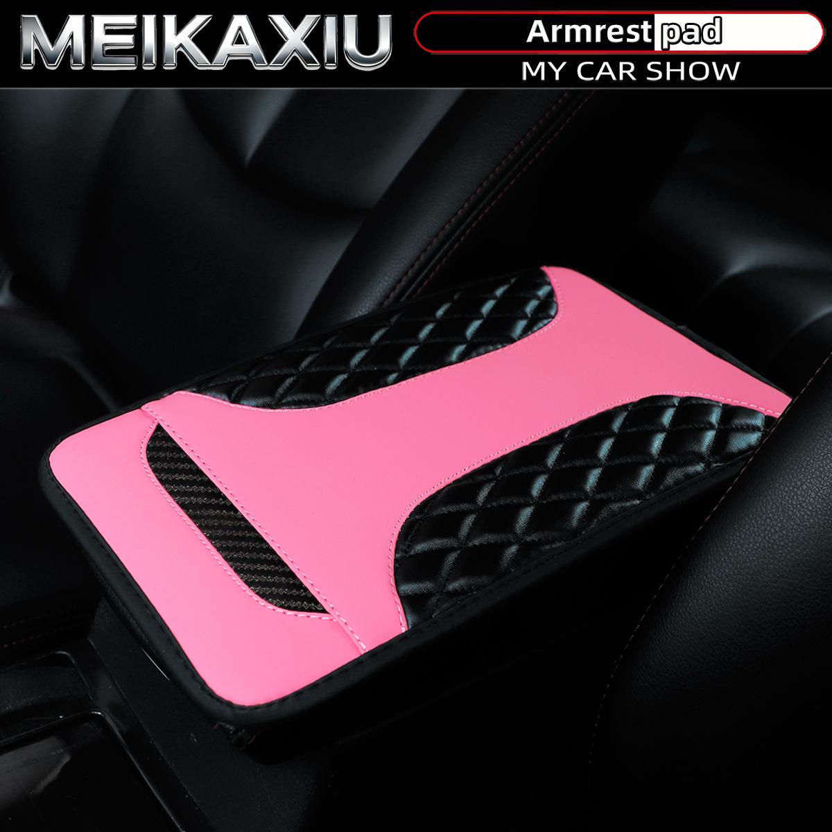 

PU leather crystal carbon fiber three-dimensional embroidered car armrest cover, center console pad, car decoration, 32X19 inche розовый