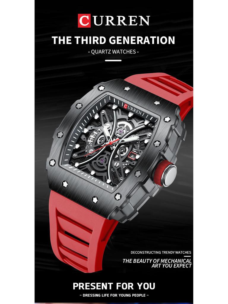CURREN 8438 Men's Waterproof Sport Watch with Square Rubber Strap and Date Display - Couple Styles Available