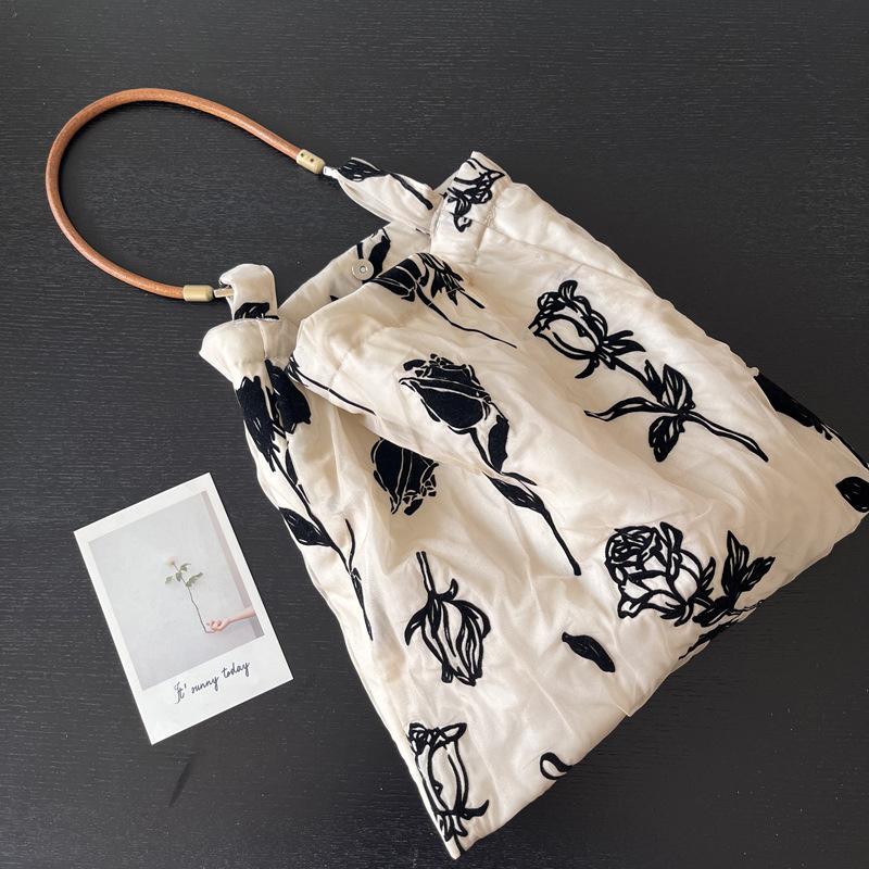 

Retro Rose Women s Cotton Yarn Shoulder Bag Leather Strap Female Commute Tote Underarm Bags Large Capacity Ladies Purse Handbags