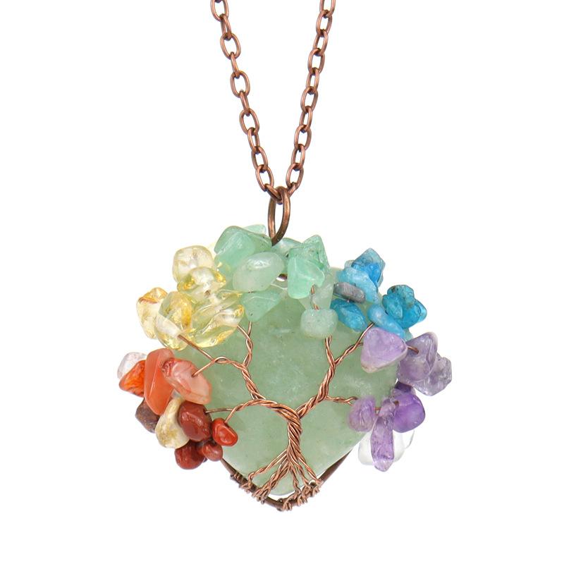 Vintage Hand-Wound Natural Gravel Crystal Tree Of Life Peach Heart Love Pendant Necklace N513