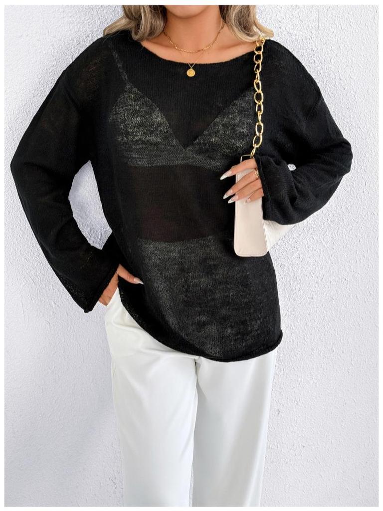 Cross-Border Casual Loose Knit Hollow Sweater: Women's Lightweight Bell Sleeve, Round Neck, Solid Color