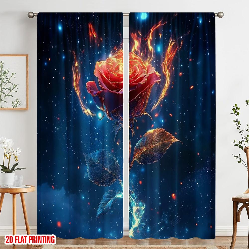 2pcs 2D flat printing Curtain A burning rose Polyester Fabric Without Electricity Holiday Decorations Use for Outdoor Holiday