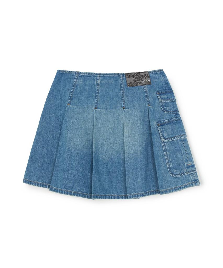 Emelbi Women'S Varsity Vintage Denim Cargo Pleated Skirt Ny (Indigo)