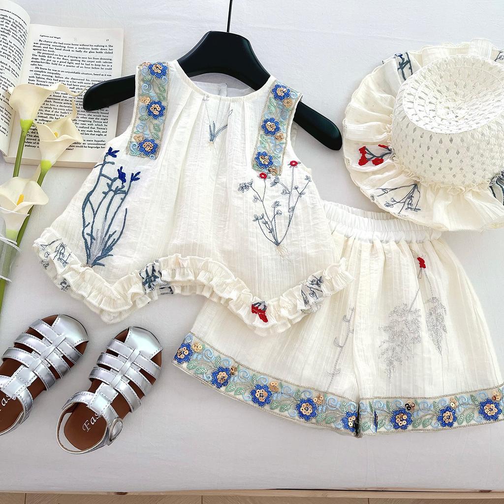 Girls Summer Sleeveless Top And Hollow Out Bow Shorts Set Thin Cute Two Piece Outfit For Baby Toddler Kids Clothing