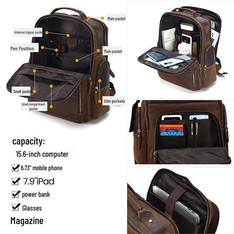 Men's Large Genuine Leather Crazy Horse Backpack - High-Capacity, Business Casual