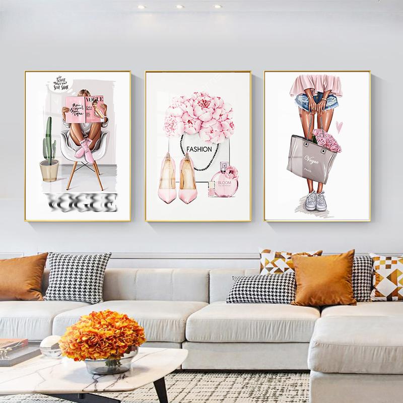 Pink Fashion Girl Flower Print Perfume Women Luxury Books Decorative Paintings Canvas Wall Art Pictures Nordic Room Decorations