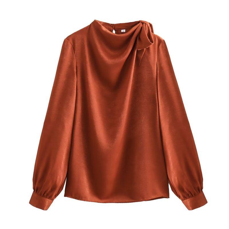 

Kaslead New Arrival Women s Clothing Fashion Style Fashion All-Match Collar Side Bowknot Decoration Long Sleeves Tops Brown XS