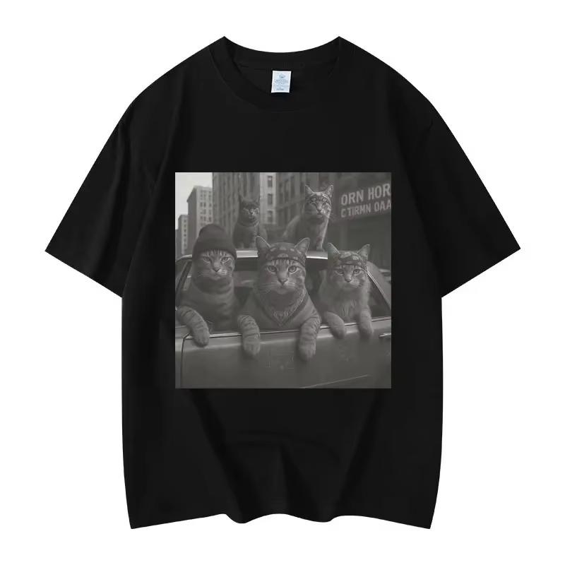 Mens and womens fashionable retro short sleeved Tshirt highquality oversized Tshirt fun cat help Meme pattern Tshirt