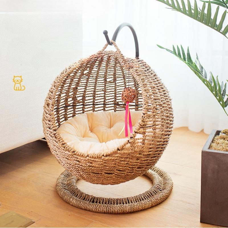 Cat Nest Hand Made Wicker Bed Basket Swing Pet House Nest for Small Dog Cat with Cushion Home Decoration Winter Season Universal