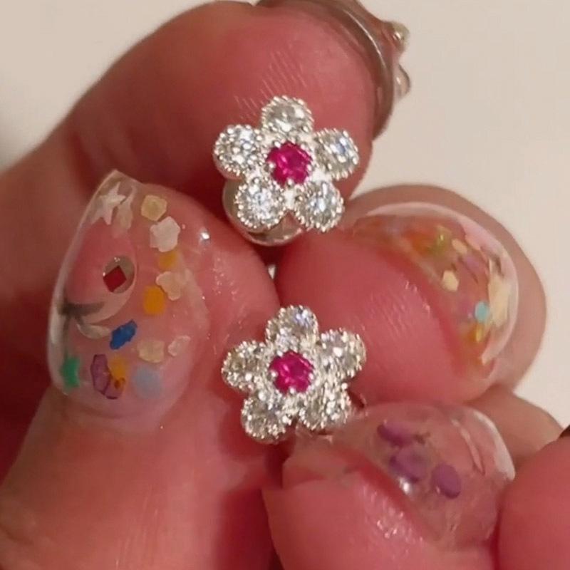 silver full diamonds sparkling blue pink small flower earings stud new in light luxury suitable for daily gifts