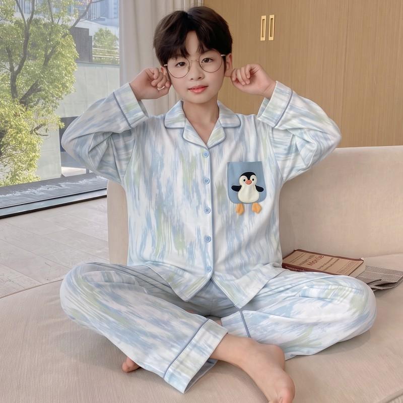 Boys Cotton Pajama Set Long Sleeve Open Front Cartoon Print Home Wear Kids Teens