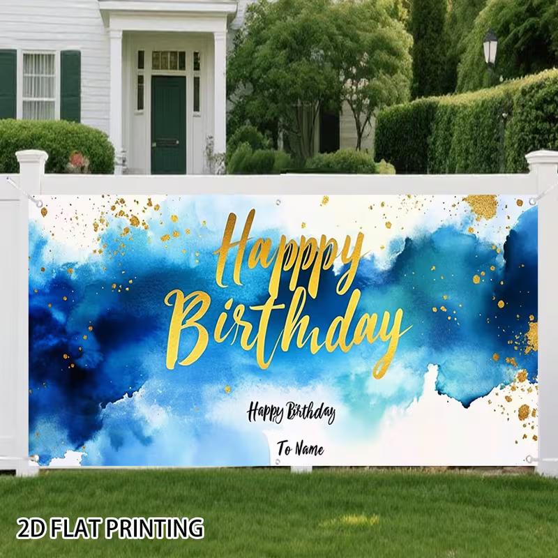 

2D Blue Watercolor Happy Birthday Photography Backdrop with Gold Foil 47.2x31.5inch/120*80cm