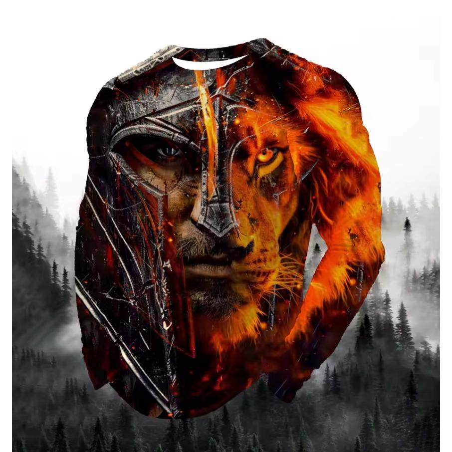 Lion Cat Fierce Animal Print Men's T-shirt Fashion Long Sleeve T-shirt Casual Round Neck Street Top Loose Pullover Autumn