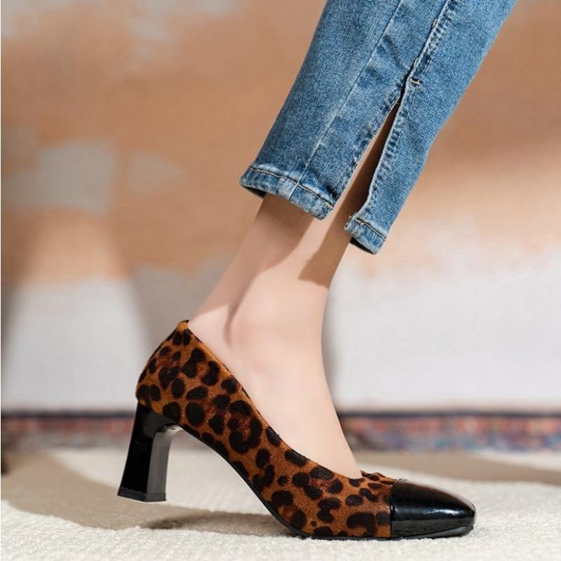 Fashion 2025 Ladies Shoes Shallow  High Heels New Spring Fashion Leopard Print Shoes  Office Square Toe Slip On Heels