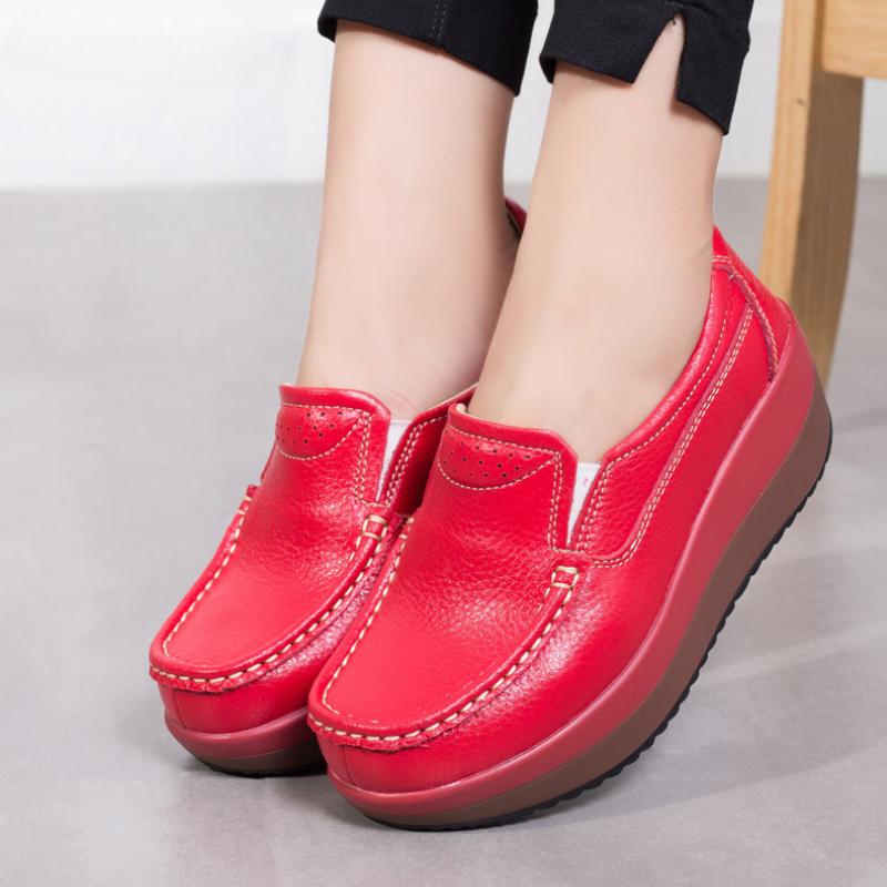 Genuine Leather Wedges Heels Shoes Fashion 5cm Platform Shoes Women Non-slip Walking Loafers