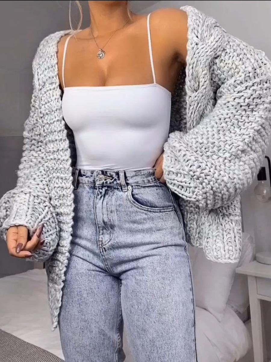 

Small Batch Women s Knit Cardigan Sweater Long Sleeve Loose Autumn Winter Knitwear 3-Button Sweater 5XL сірий колір