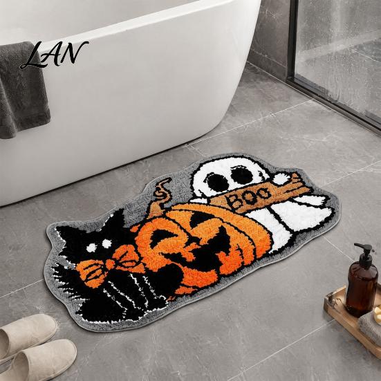 Thickened Cashmere-like Rug Halloween Bath Mat, Non-Slip Fluffy Ghost Rug, Gothic Pumpkin Absorbent Washable Dirt-resistant Floor Mat Bathroom
