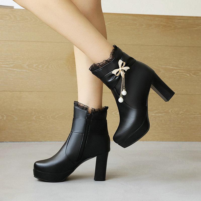 Fashion High Heels Woman Booties Lace Pearl Design Princess Platform Party Wedding Women Shoes Black Pink White Ankle Boots28-43