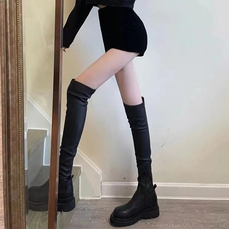 Dámské kozačky Černé kozačky nad koleno Sexy Nové zimní ležérní boty Dámské podzimní zimní dámské kozačky nad stehno Velikost 42