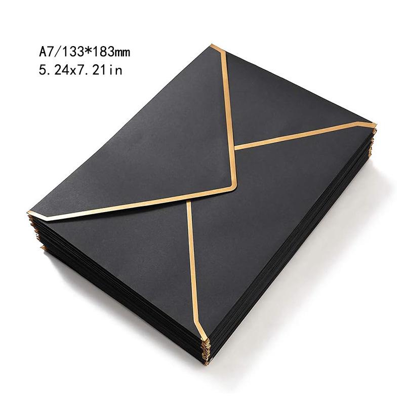 10Pcs A7 Black Envelopes with 10Pcs Golden Stickers for Wedding Birthday Party Invitation Paper Envelopes
