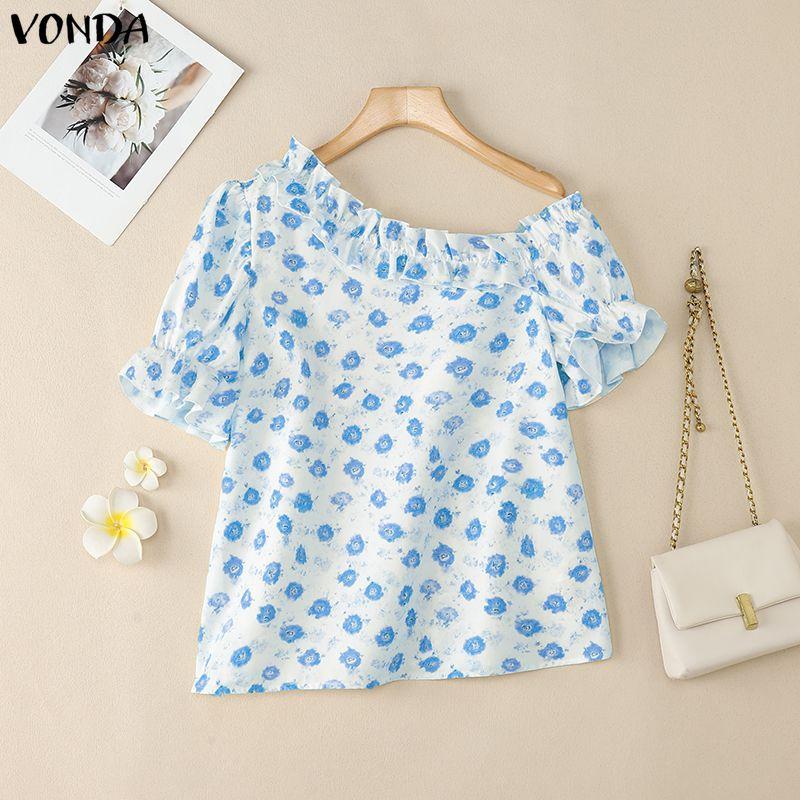 

VONDA Elegant Women One Shoulder Floral Print Casual Ruffled Blouse 5XL синий