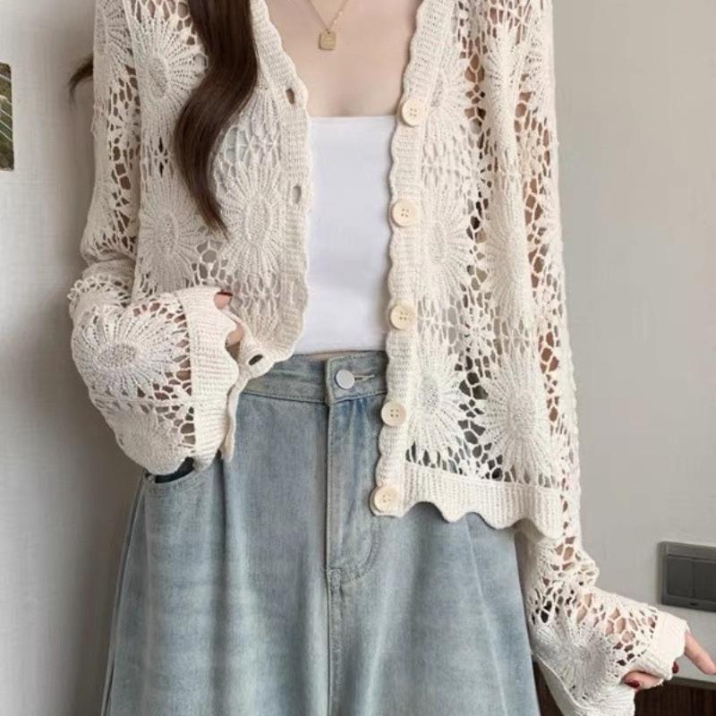 Women S Summer V Neck Cutout Thin Knitted Long Sleeve Cardigan
