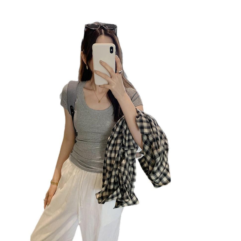 U-neck slim-fitting short-sleeved women's summer new Spice Girls short pure lust and thin white top