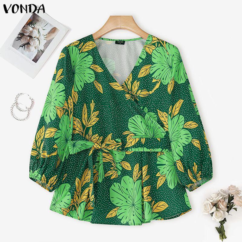 

VONDA L-5XL Женская блузка с V-образным вырезом, 3/4 рукавом, повседневная, свободная, оверсайз, с цветочным принтом L зелёный