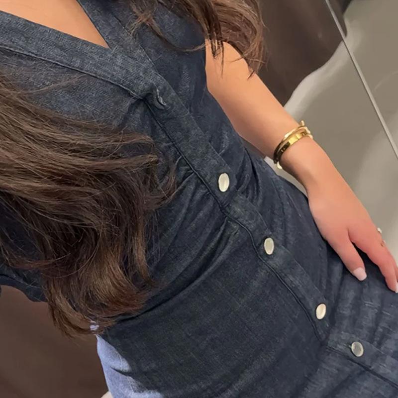 Neues kurzärmeliges Revers-Denim-Midikleid für Damenbekleidung