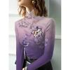 Women's Cheongsam Collar Long-sleeved T-shirt with Pink Floral Print, Suitable for Women