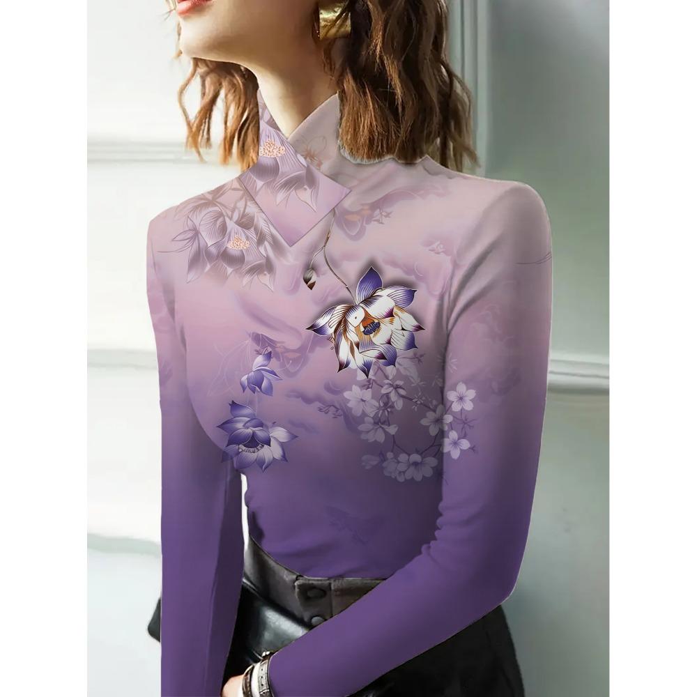 Women's Cheongsam Collar Long-sleeved T-shirt with Pink Floral Print, Suitable for Women.