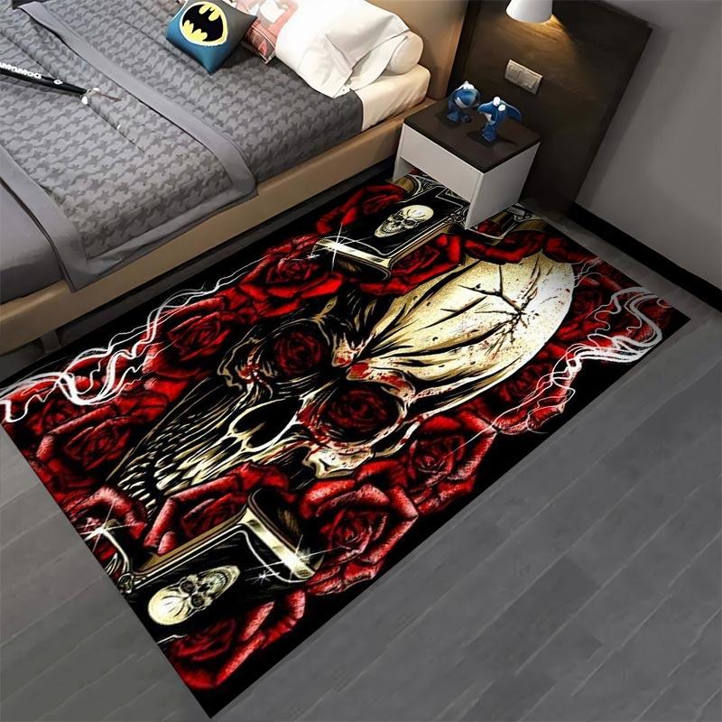 Skull with Red Roses and Guns Design Carpet, Gothic Art Style Decor Suitable for Use As an Anti-slip for Living Room Bedroom Sofas