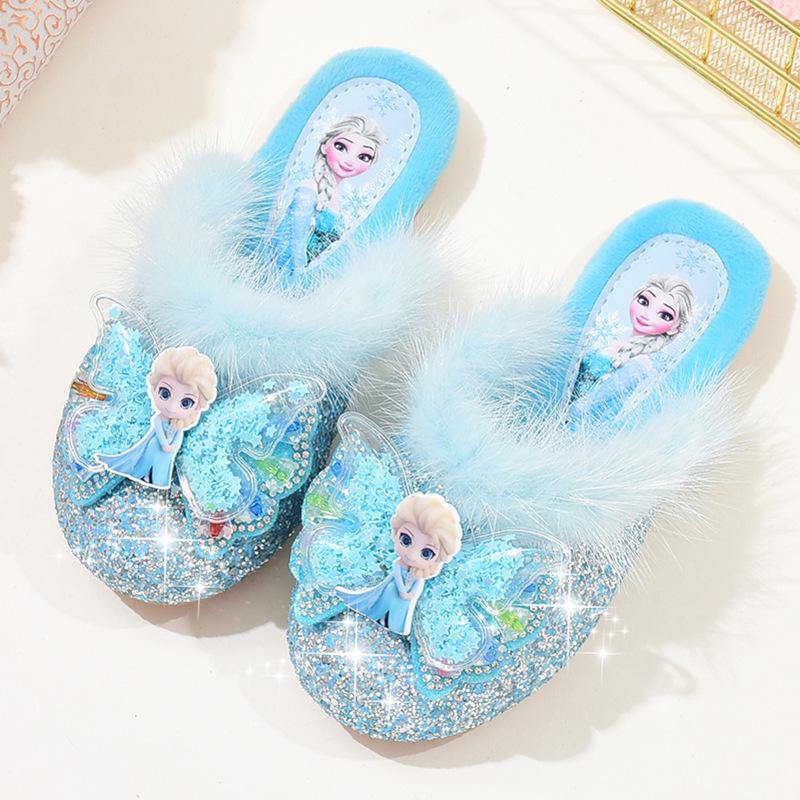 Pluszowe kapcie księżniczki Elsy dla dziewczynek - Urocze bawełniane kapcie z postaciami z kreskówek na jesień/zimę