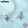 WOSTU 925 Sterling Silver Pink Cat Dog Paw Charms Pendant Heart Beads Fit Original Bracelet DIY Necklace Girl Birthday Gift