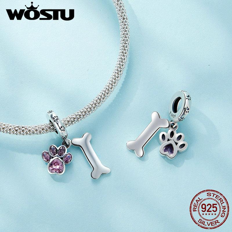WOSTU 925 Sterling Silver Pink Cat Dog Paw Charms Pendant Heart Beads Fit Original Bracelet DIY Necklace Girl Birthday Gift