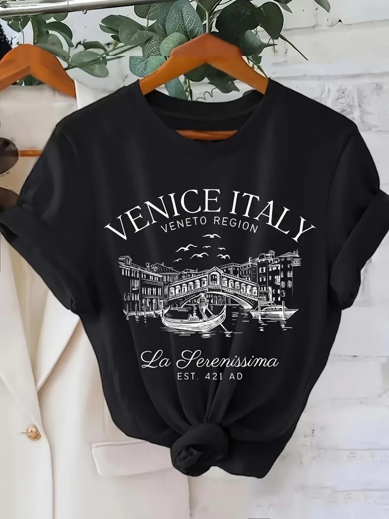 Venice Italy Graphic TShirt Casual Short Sleeve Polyester Knit Fabric with Round Neck Cartoon Print Venice Italy Region Tee