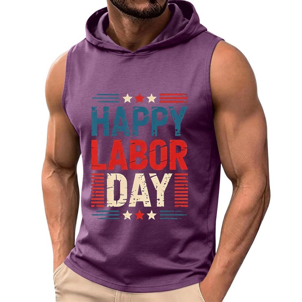 Men Sleeveless Hoodie Tank Top Casual Muscle Fit Athletic Shirt Summer Workout Gym Apparel with Labor Day Print